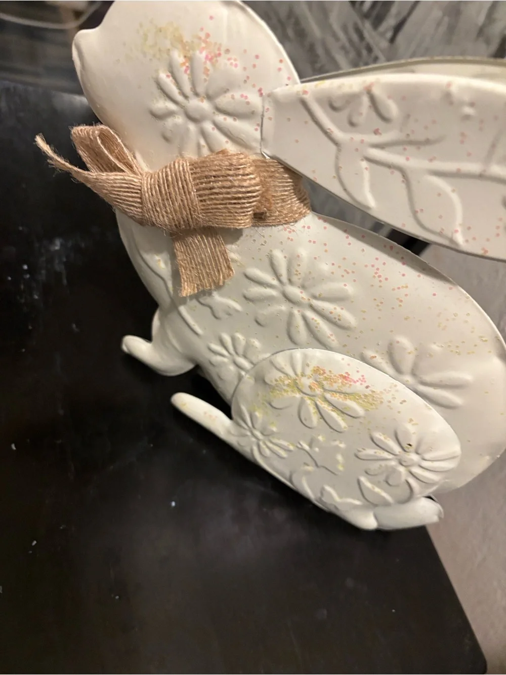 Bunny Dear White Floral Embossed Bunny with Tan Bow Wall Decor